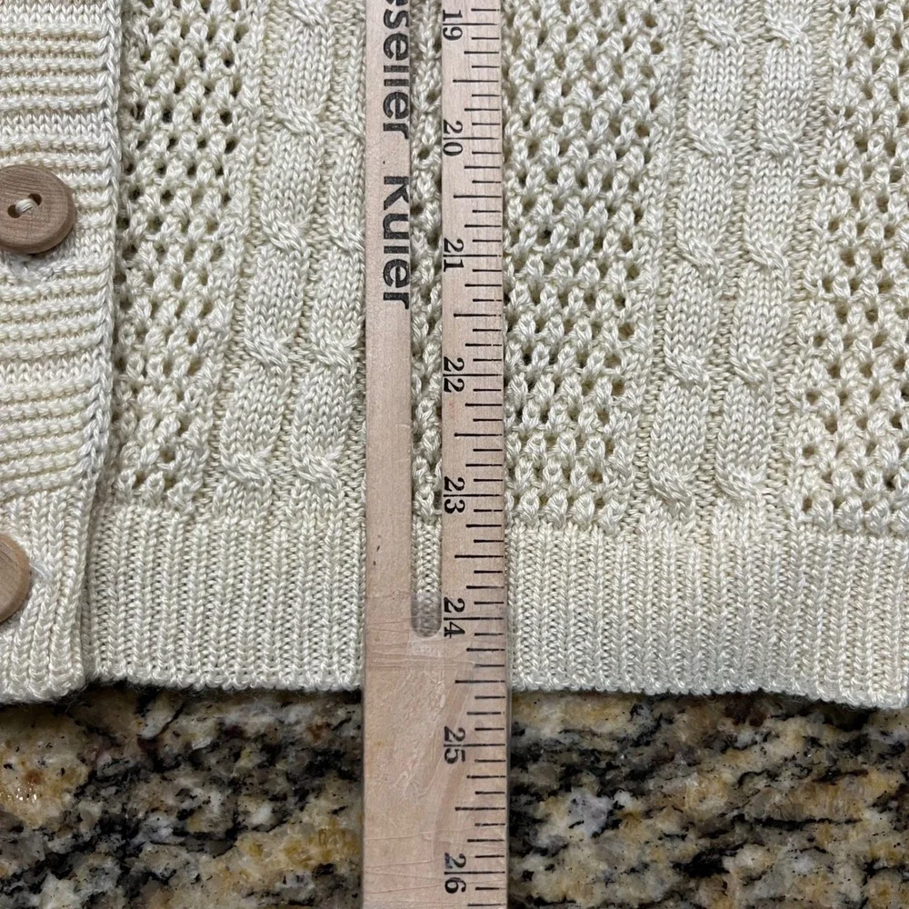 Mens Cream Cable Knit Pointelle Cardigan Sweater Button Front Cream Ivory